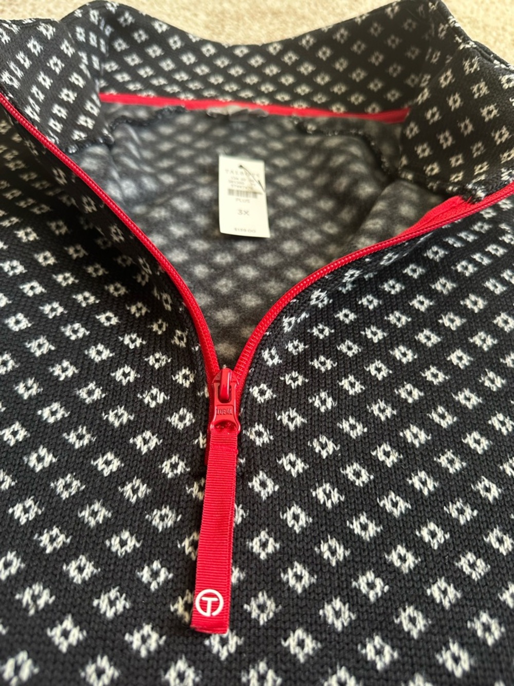Talbots Black & White Patterned Quarter-Zip Pullover with Red Trim